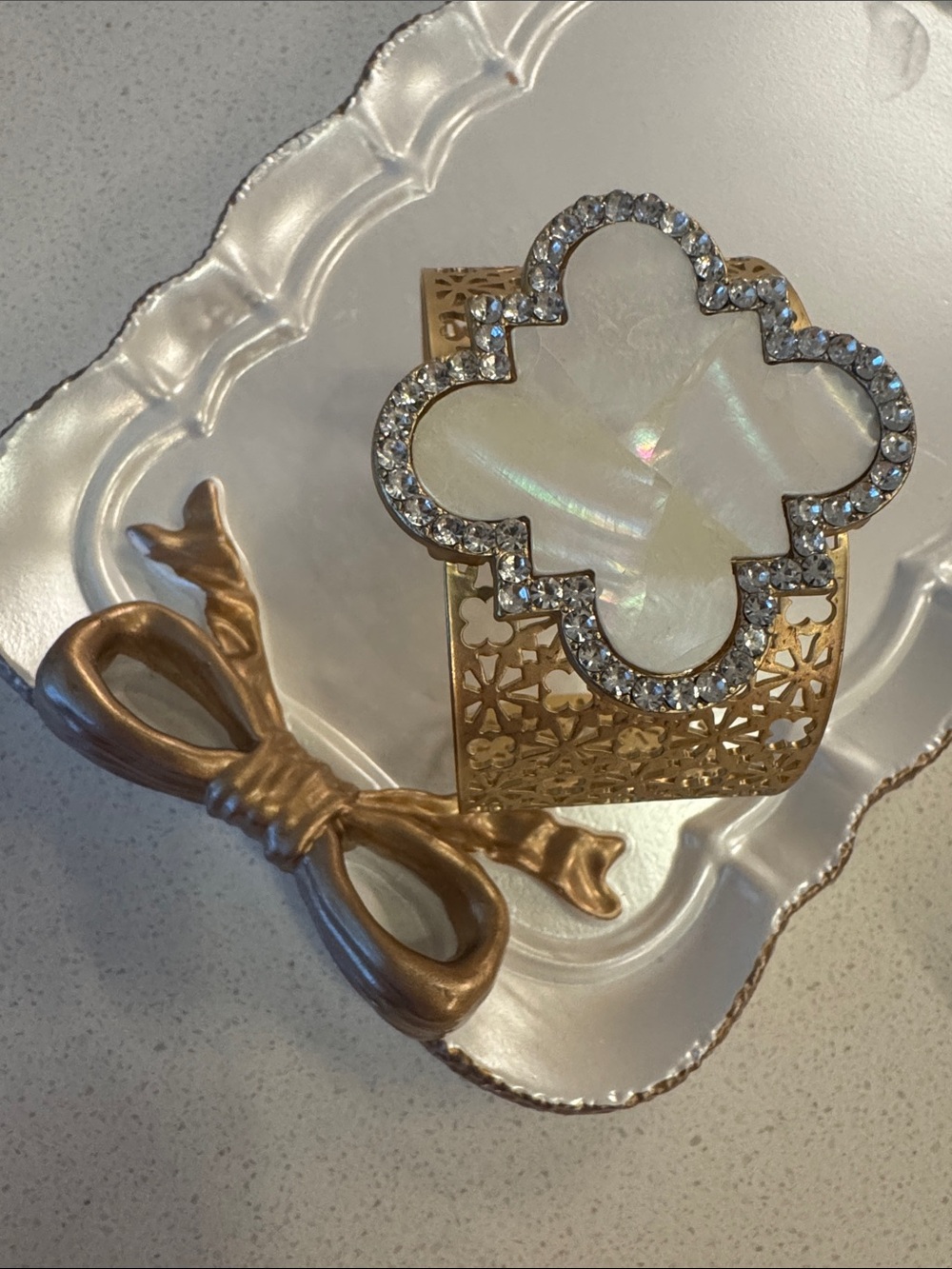 Gold Filigree Cuff Bracelet with Mother-of-Pearl Clover and Crystal Halo